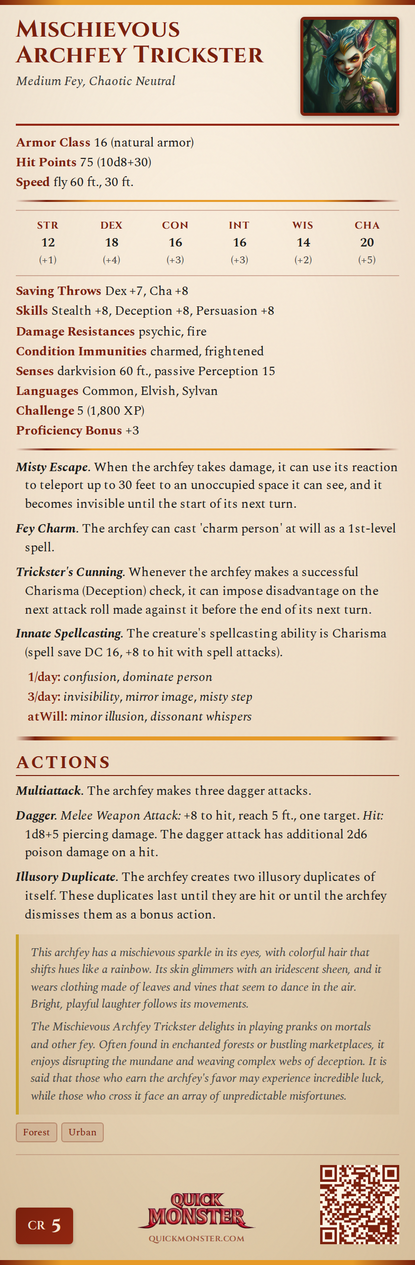 Mischievous Archfey Trickster Stat Block