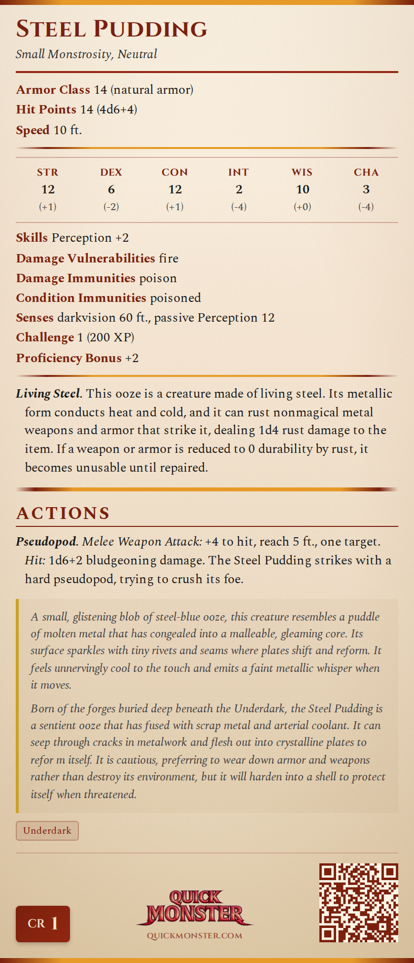 Steel Pudding Stat Block