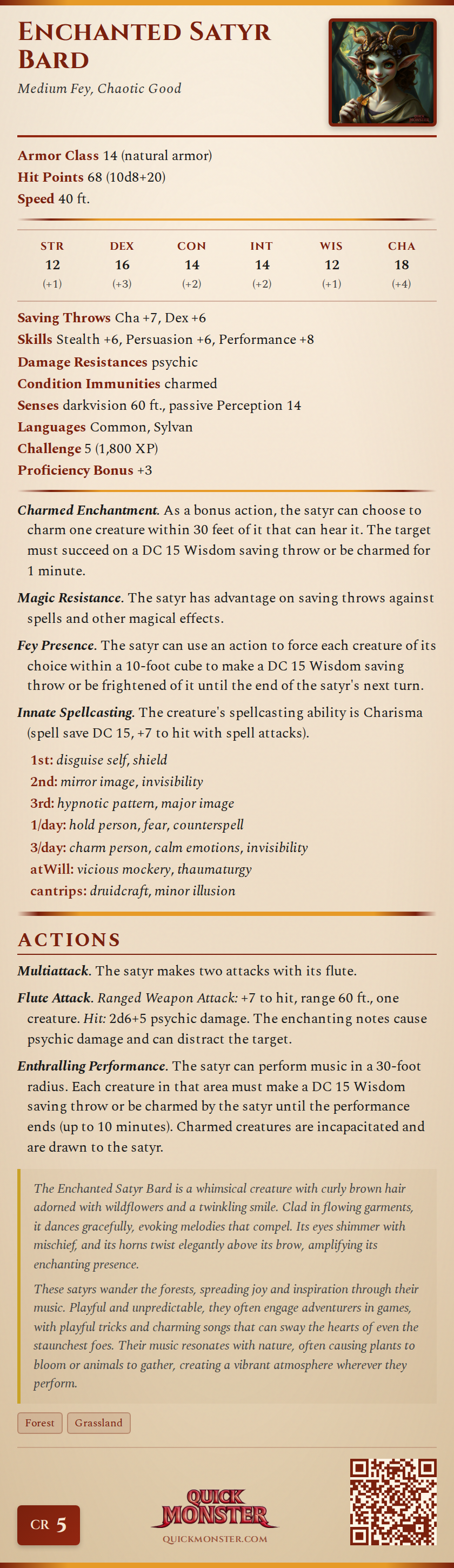 Enchanted Satyr Bard Stat Block
