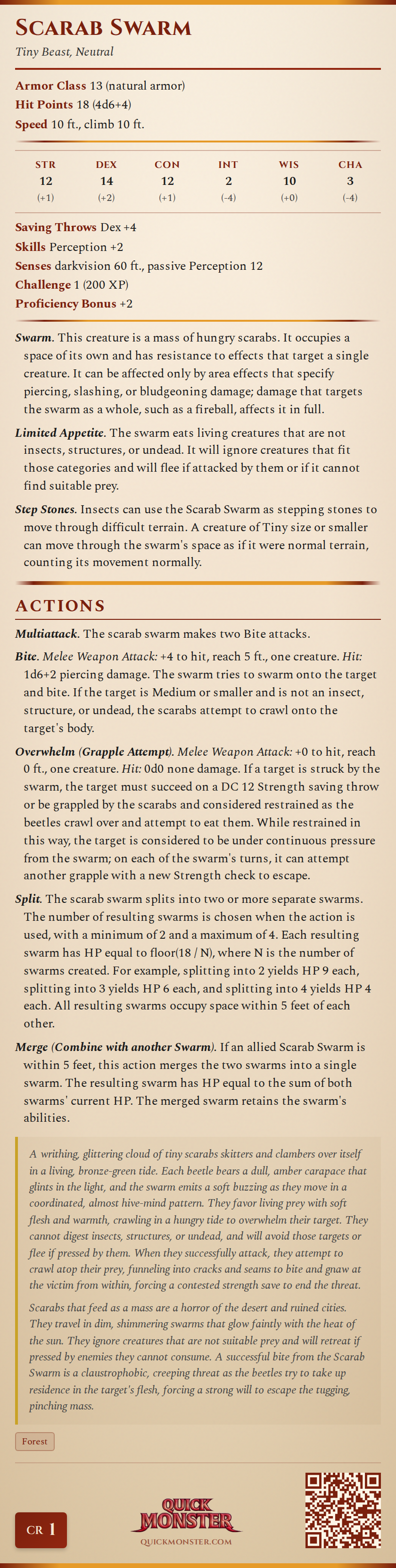 Scarab Swarm Stat Block