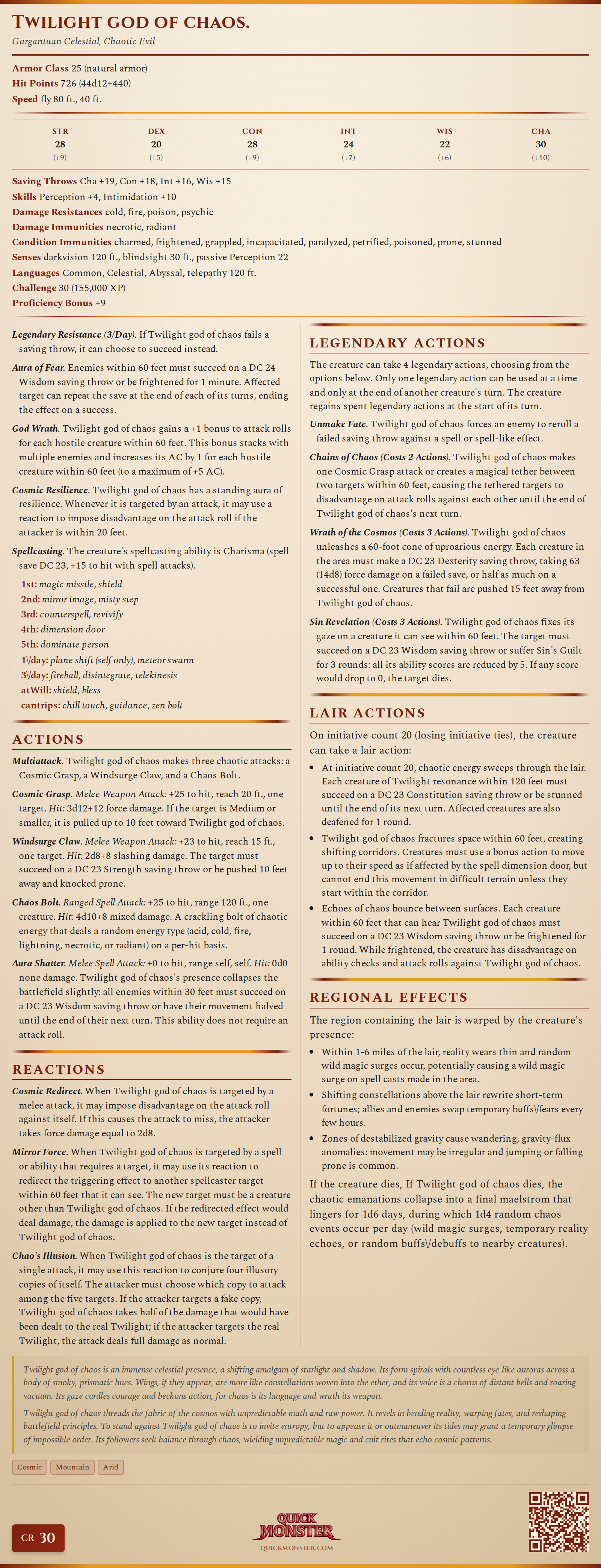 Twilight god of chaos. Stat Block