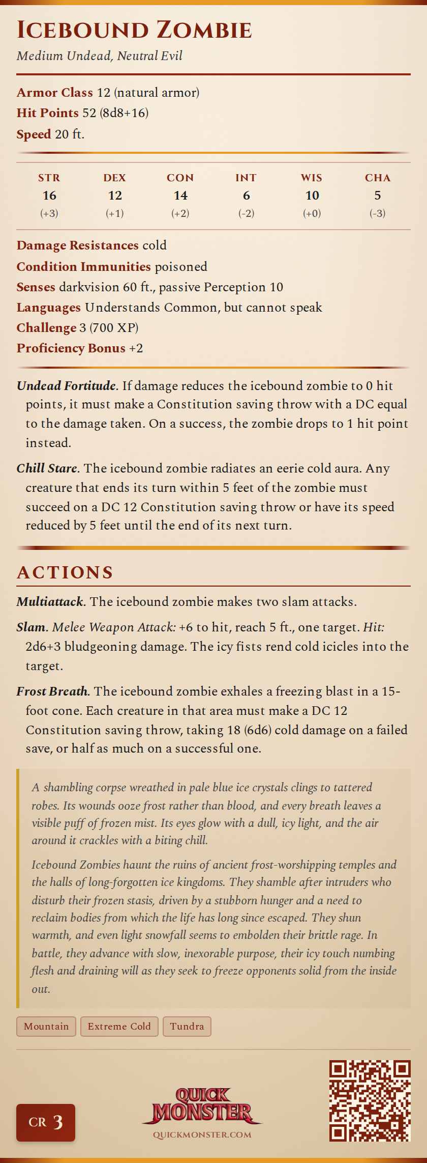 Icebound Zombie Stat Block