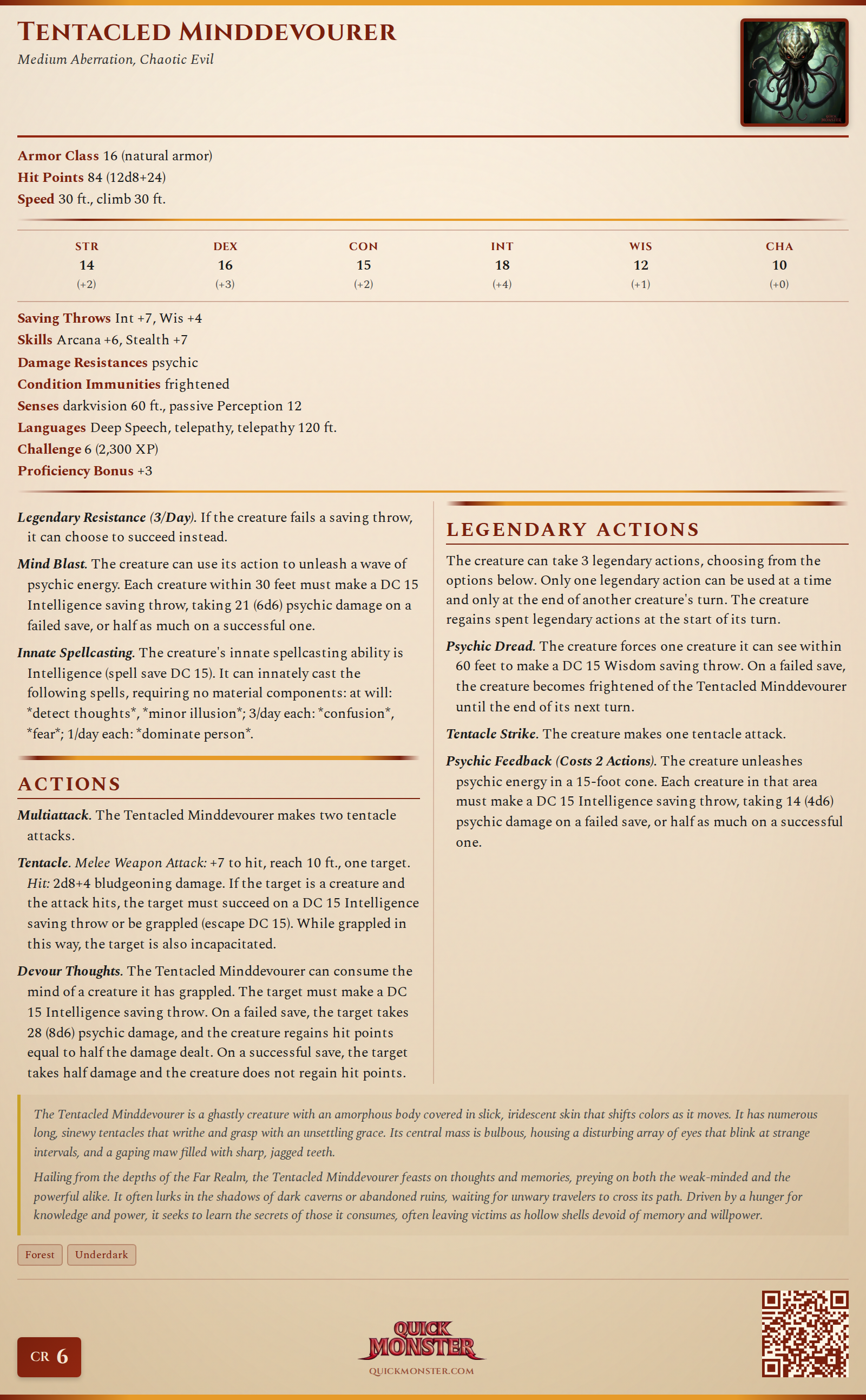 Tentacled Minddevourer Stat Block