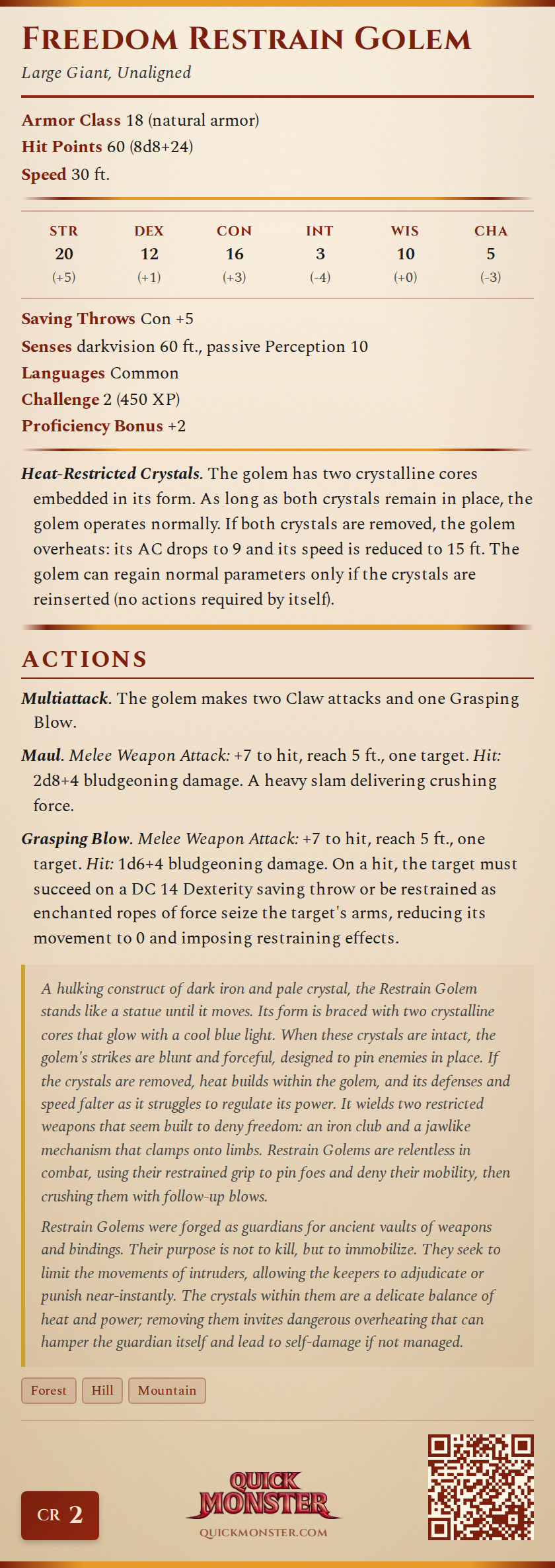 Freedom Restrain Golem Stat Block