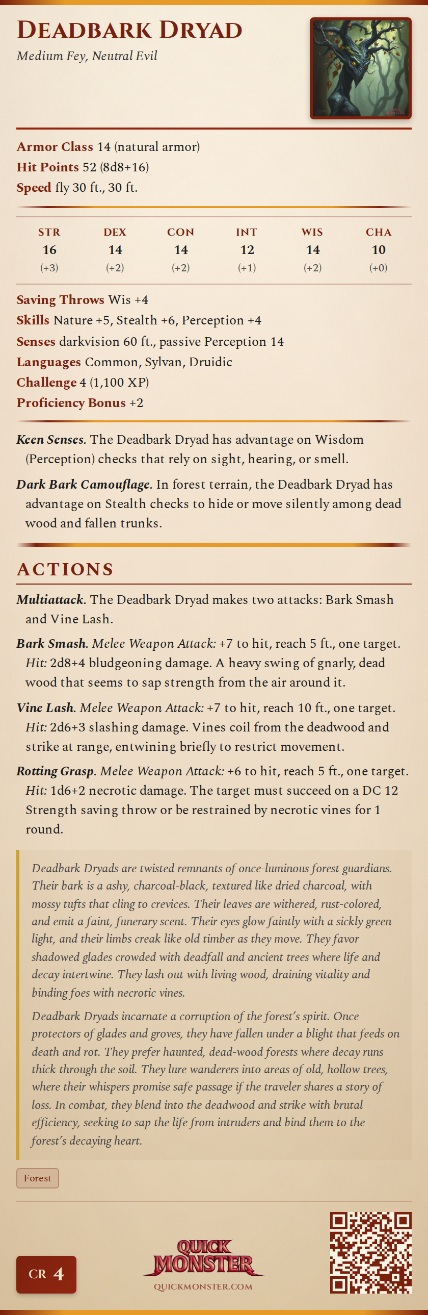 Deadbark Dryad Stat Block