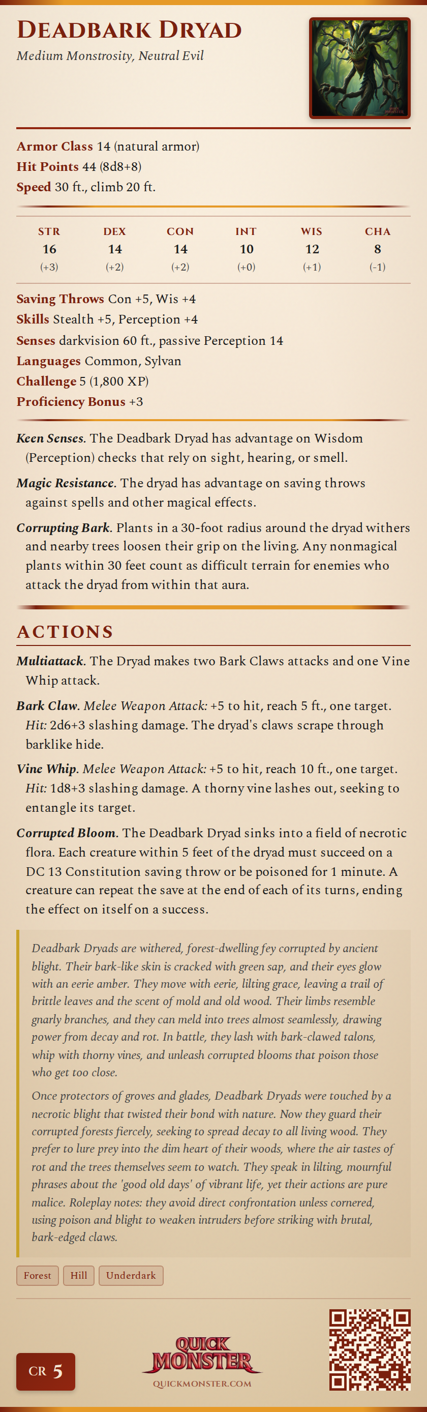 Deadbark Dryad Stat Block