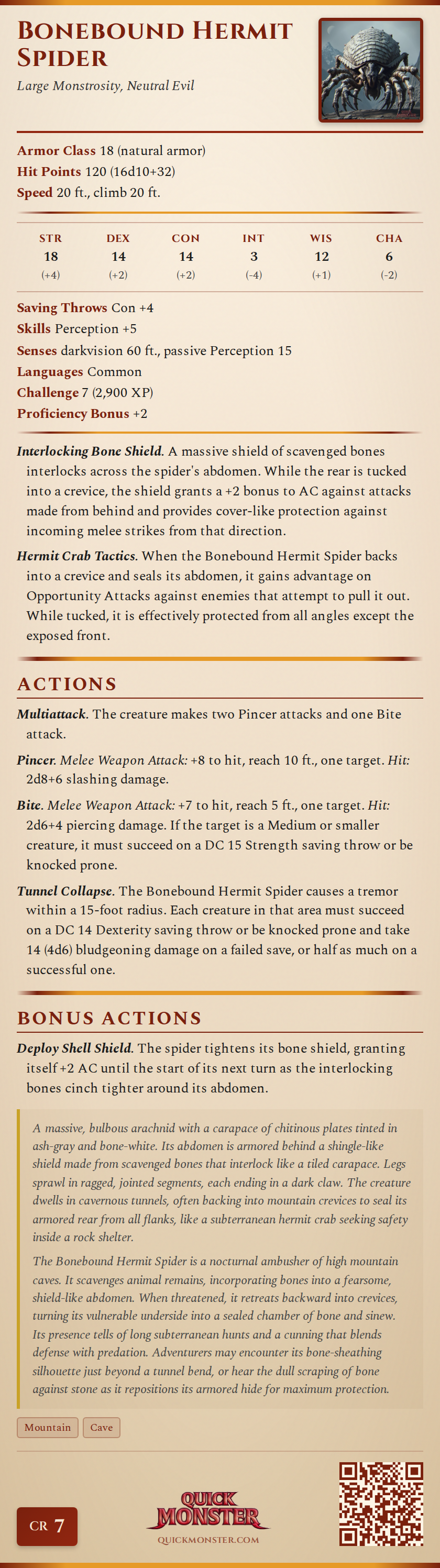 Bonebound Hermit Spider Stat Block
