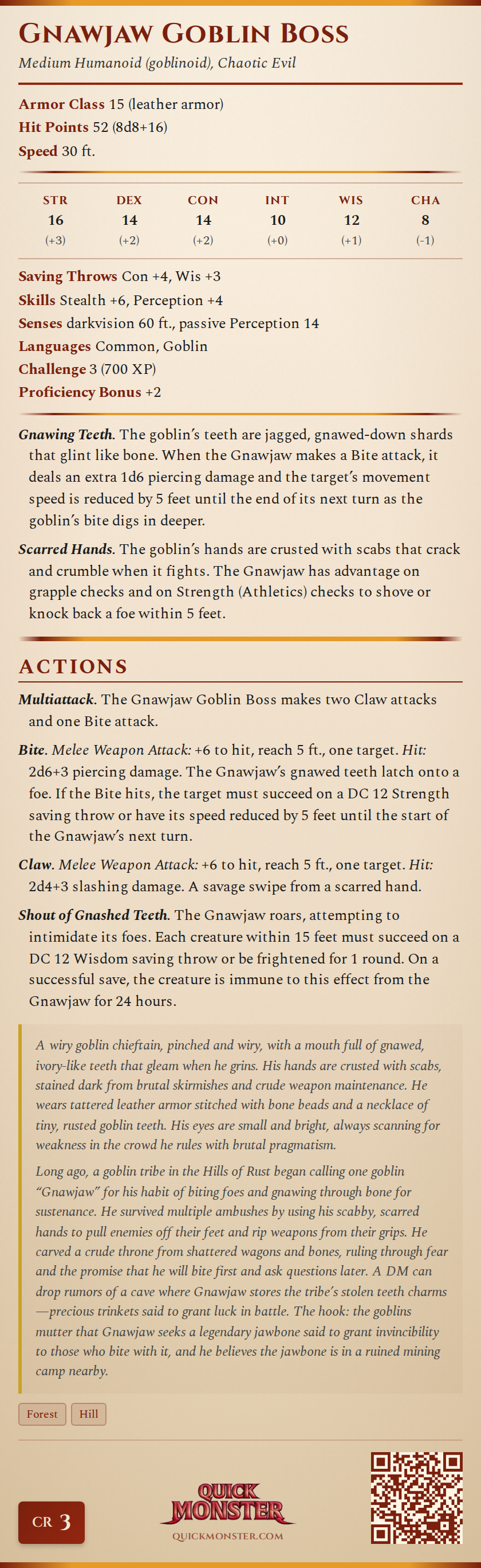 Gnawjaw Goblin Boss Stat Block