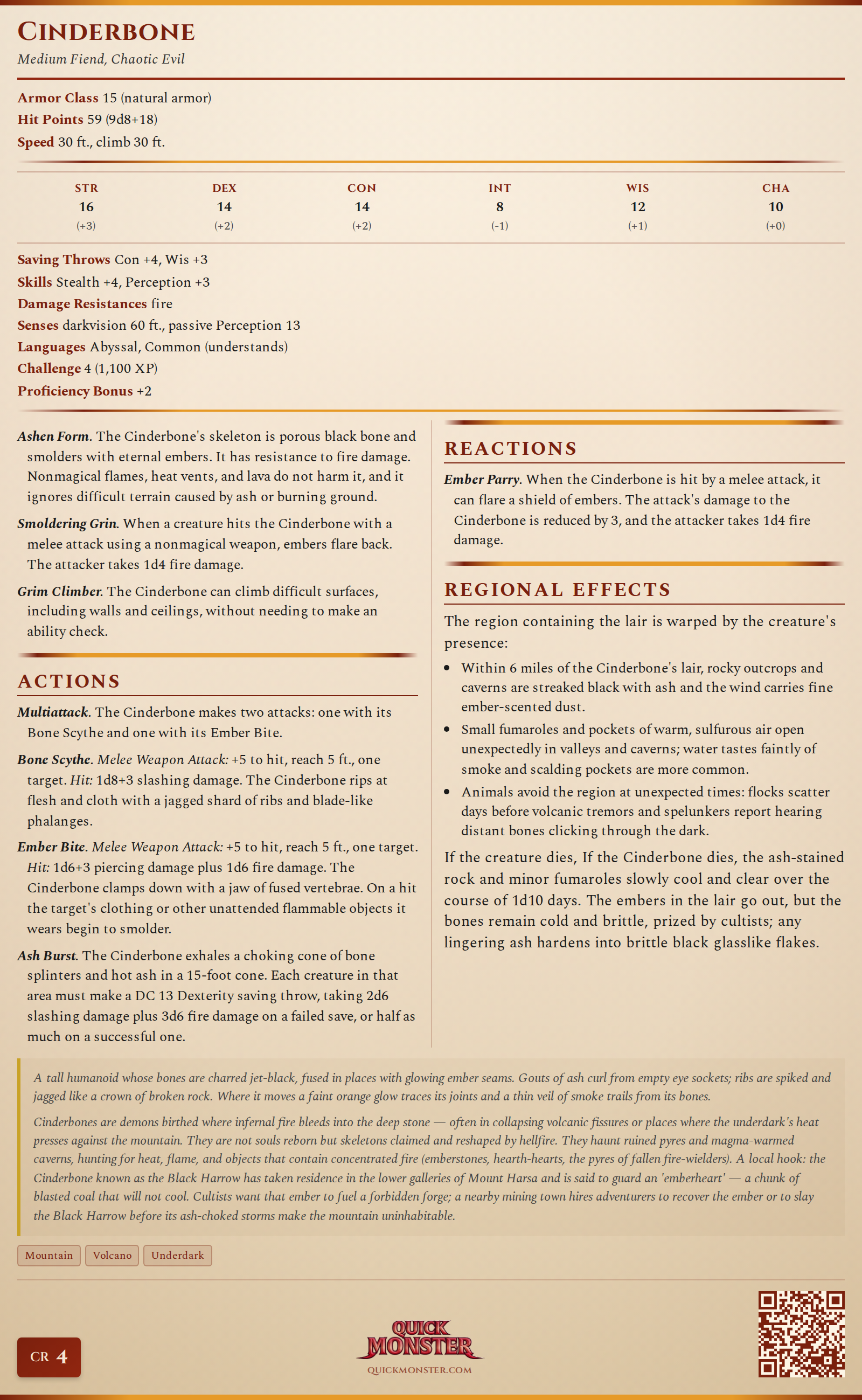 Cinderbone Stat Block