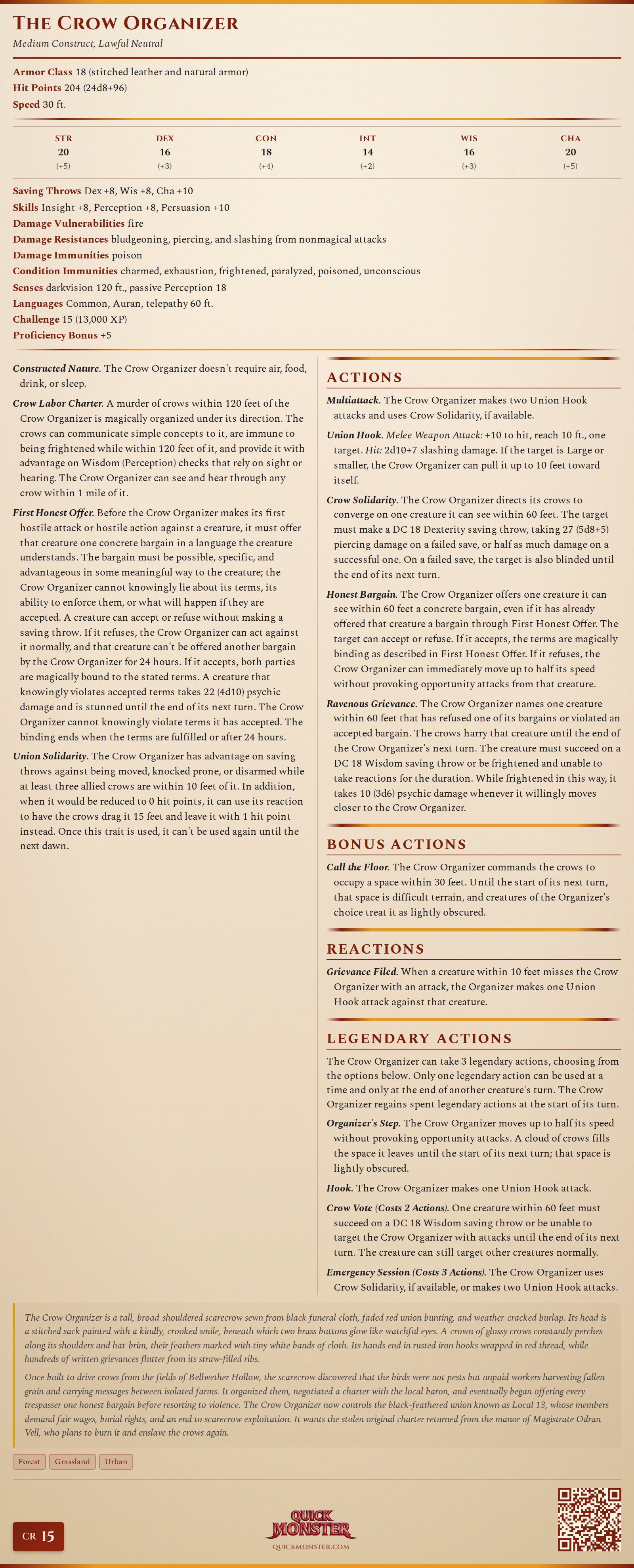 The Crow Organizer Stat Block