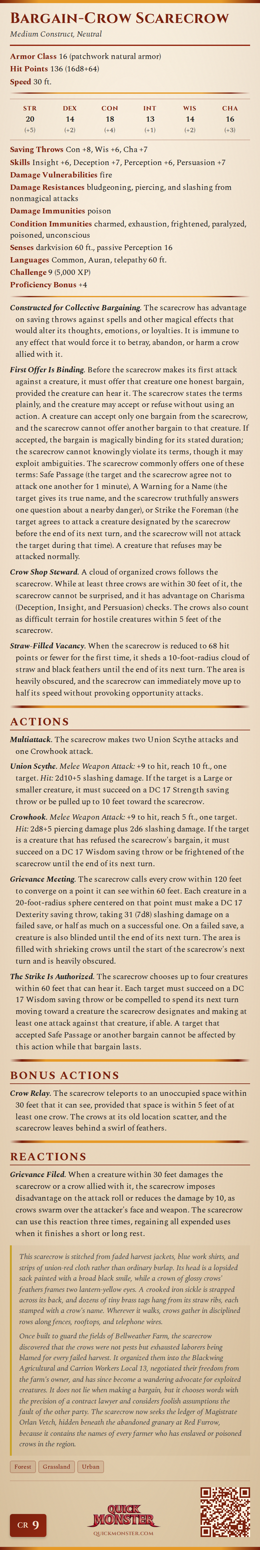 Bargain-Crow Scarecrow Stat Block