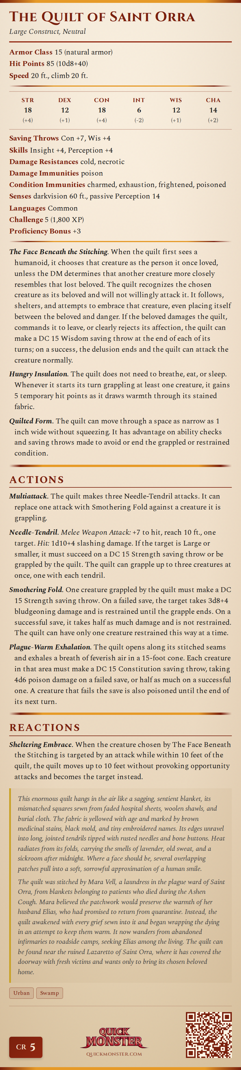 The Quilt of Saint Orra Stat Block