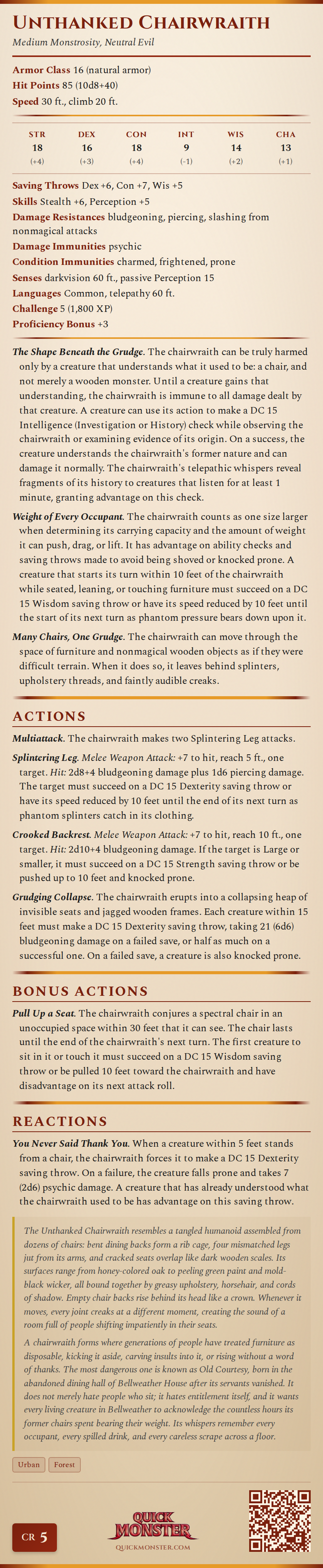 Unthanked Chairwraith Stat Block