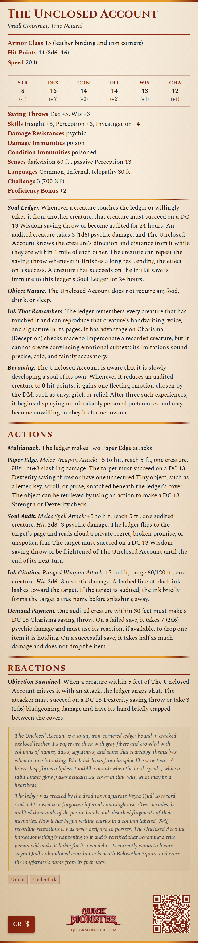 The Unclosed Account Stat Block