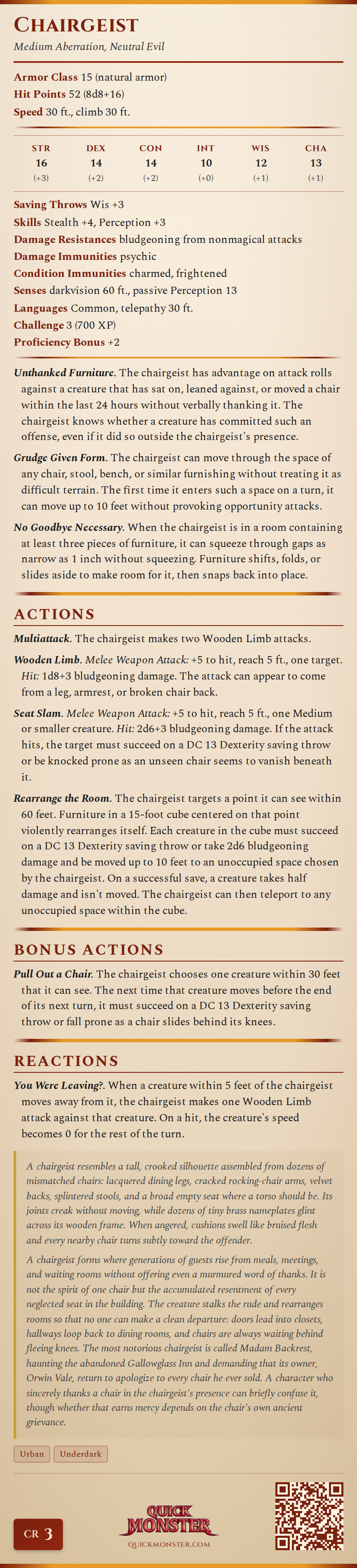 Chairgeist Stat Block