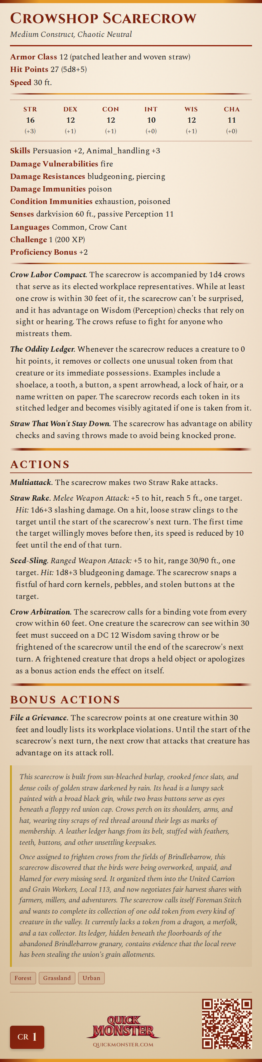 Crowshop Scarecrow Stat Block