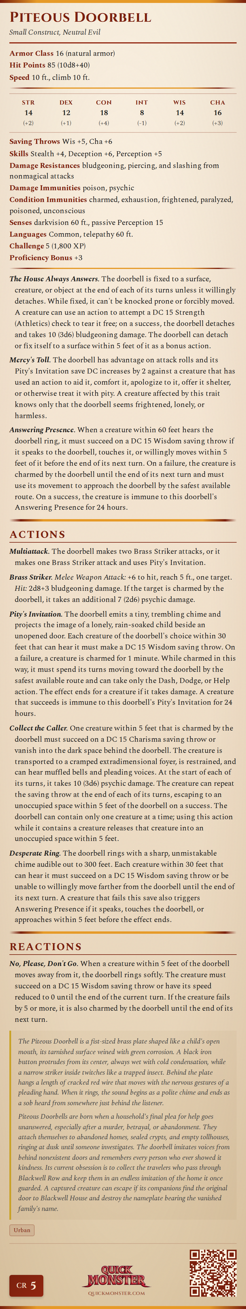 Piteous Doorbell Stat Block