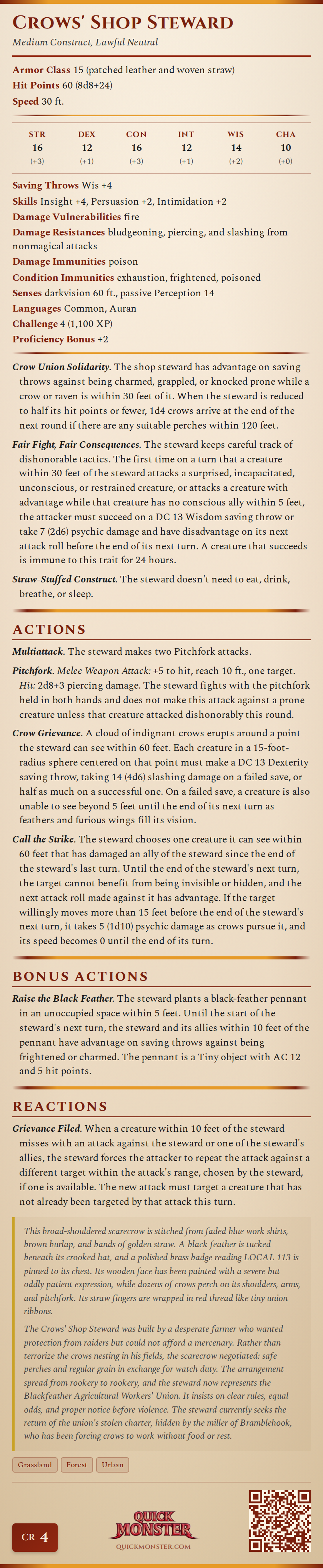 Crows' Shop Steward Stat Block