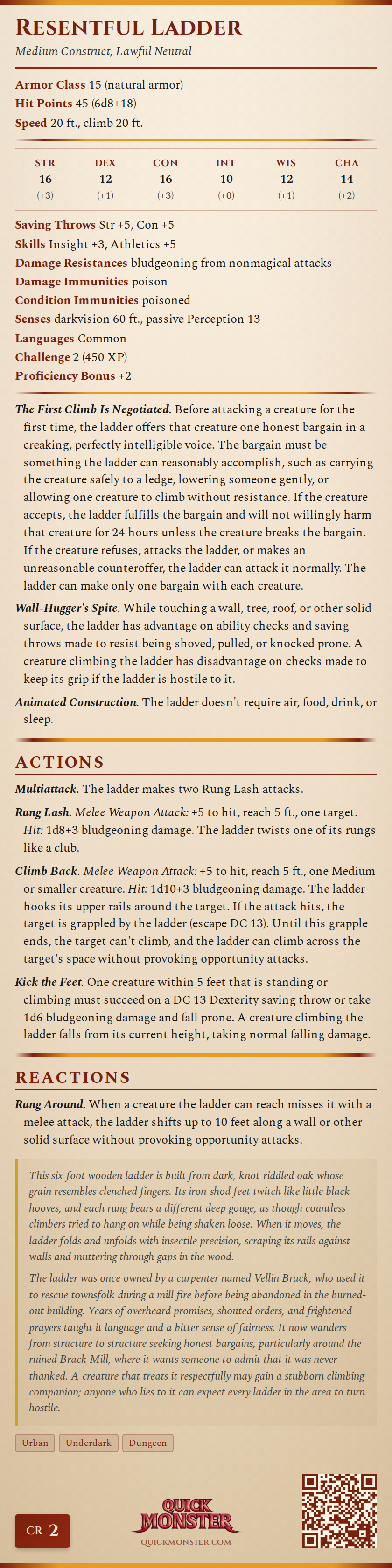 Resentful Ladder Stat Block