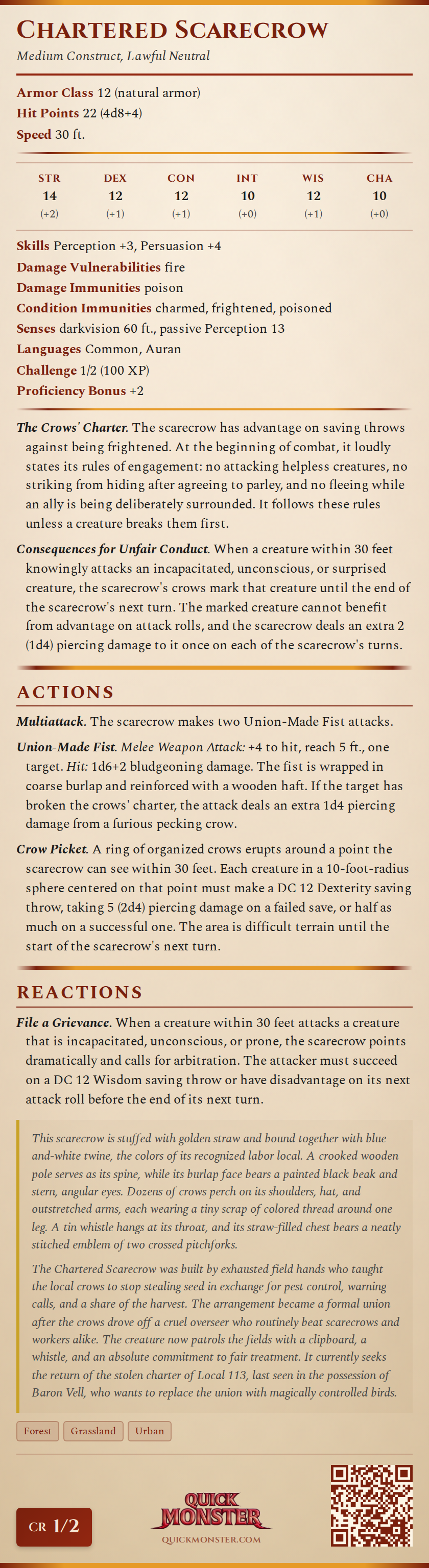 Chartered Scarecrow Stat Block