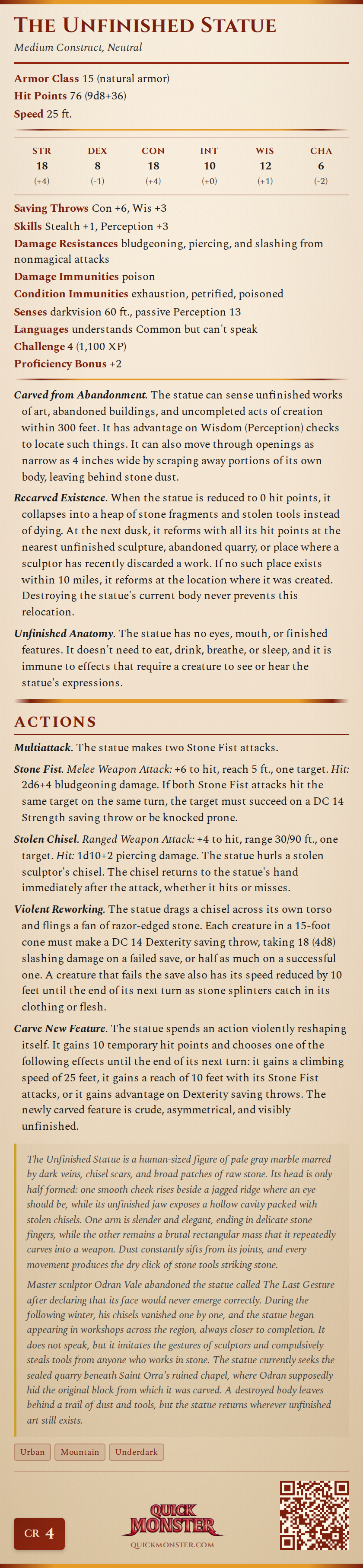 The Unfinished Statue Stat Block