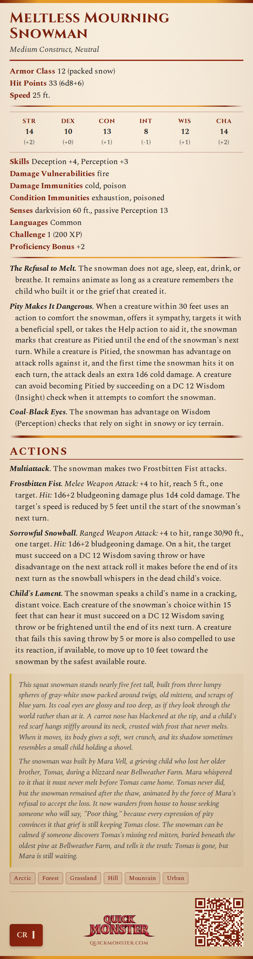 Meltless Mourning Snowman Stat Block