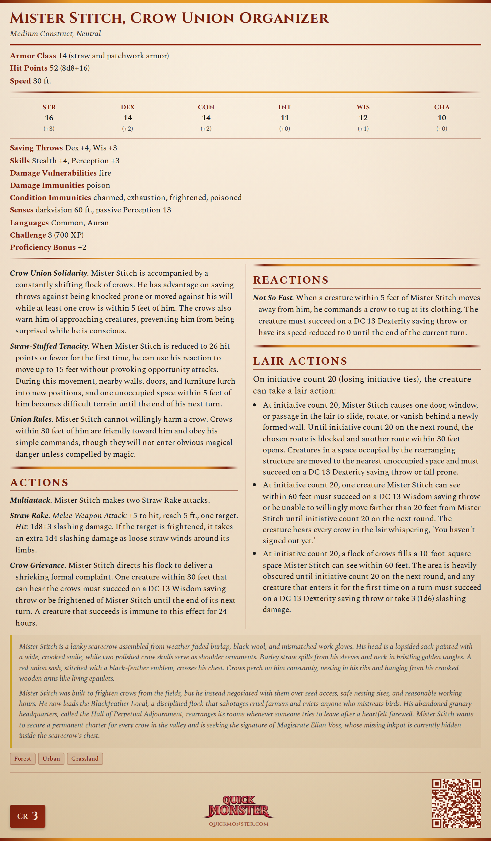 Mister Stitch, Crow Union Organizer Stat Block