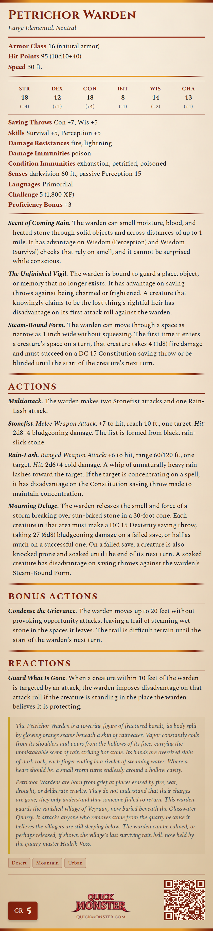 Petrichor Warden Stat Block