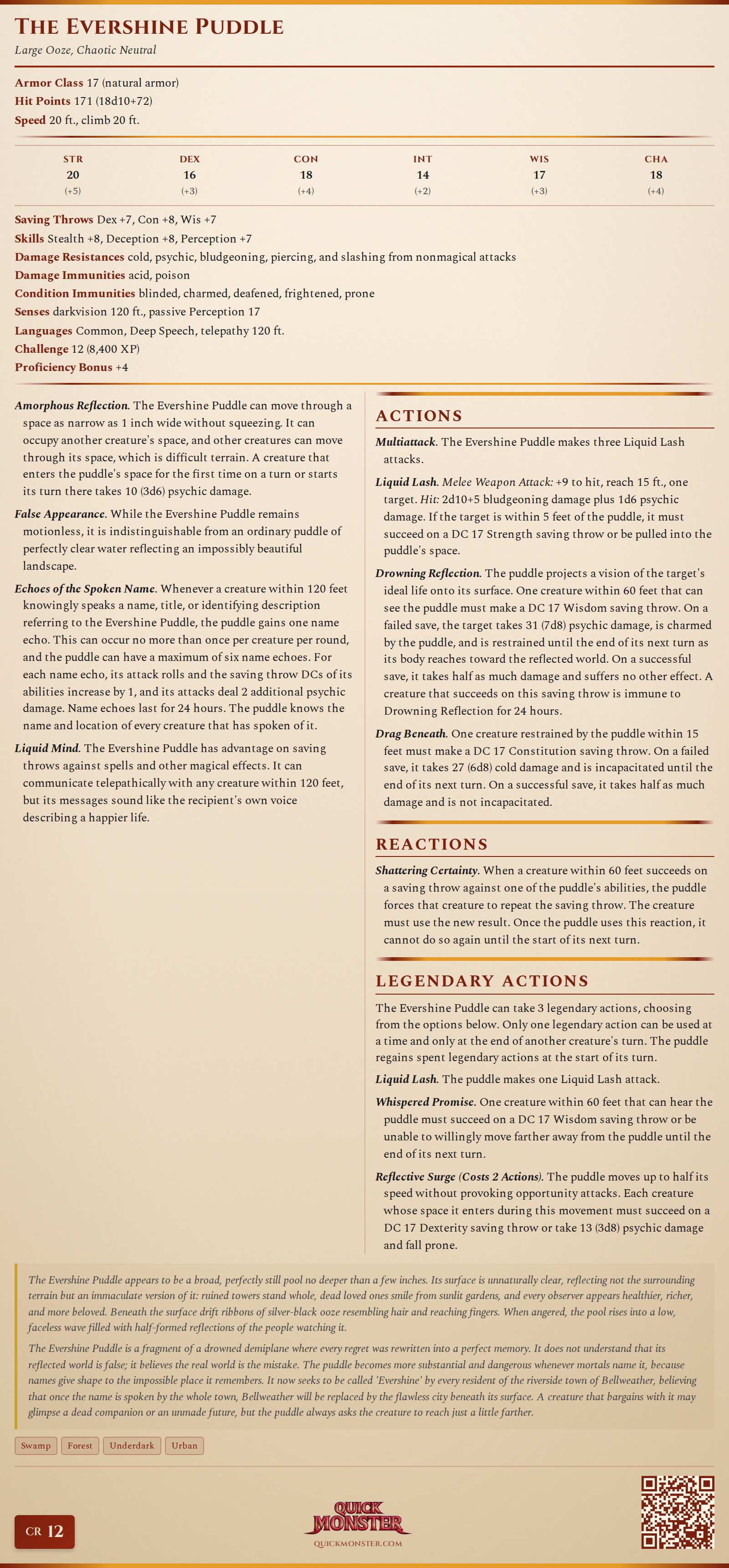 The Evershine Puddle Stat Block