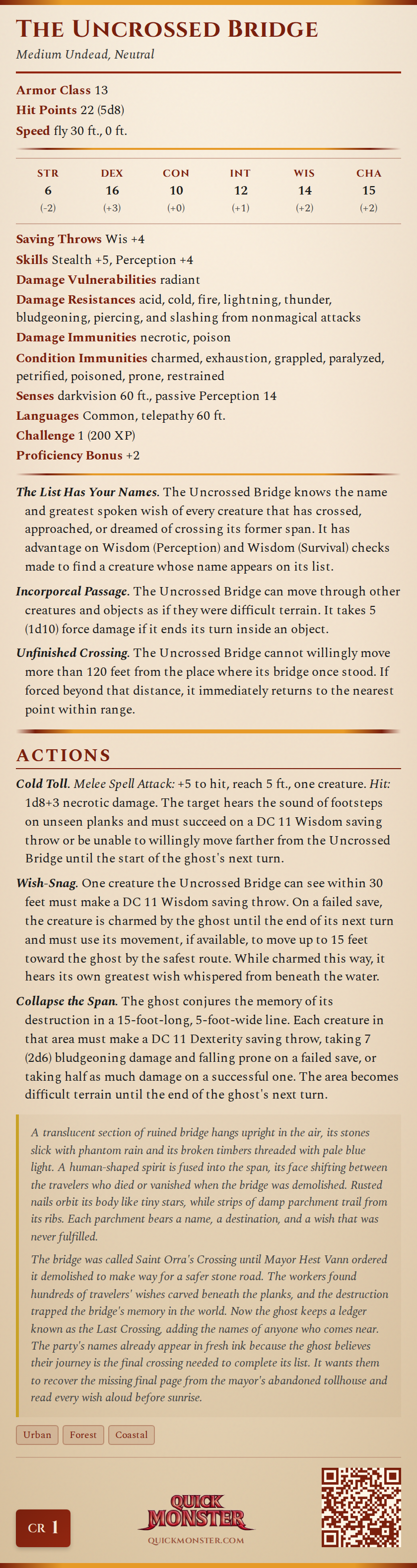 The Uncrossed Bridge Stat Block