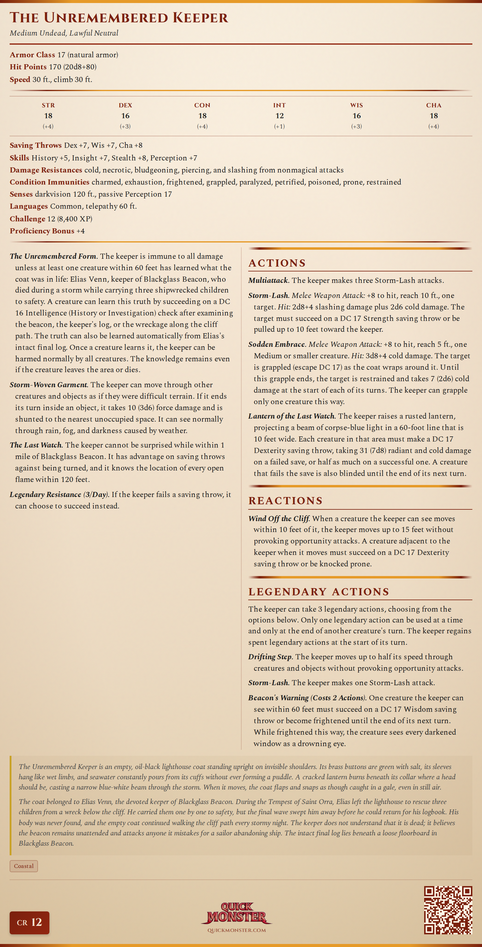 The Unremembered Keeper Stat Block