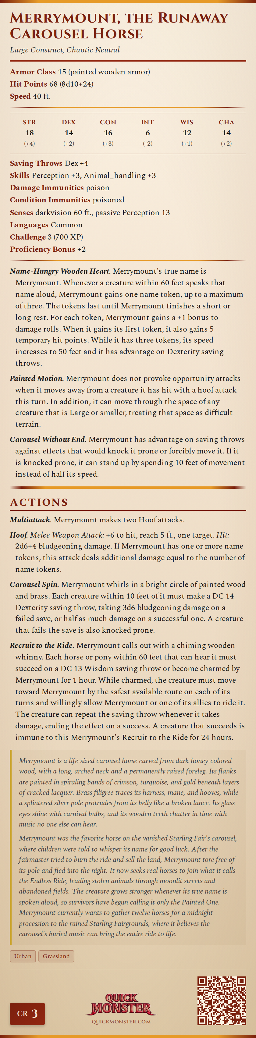 Merrymount, the Runaway Carousel Horse Stat Block