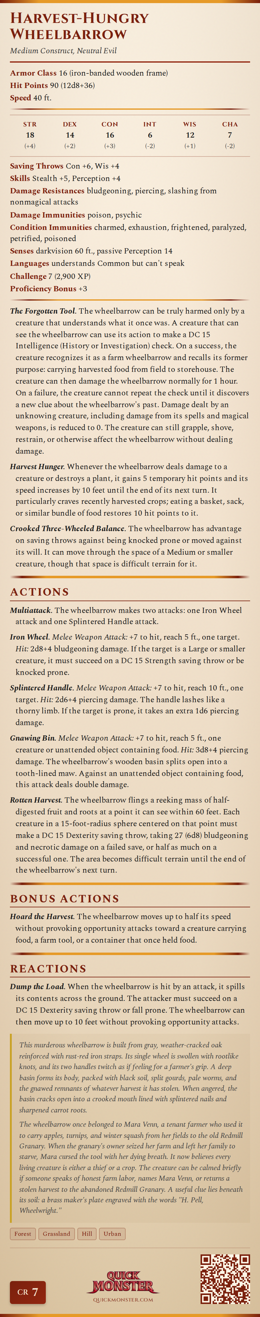 Harvest-Hungry Wheelbarrow Stat Block