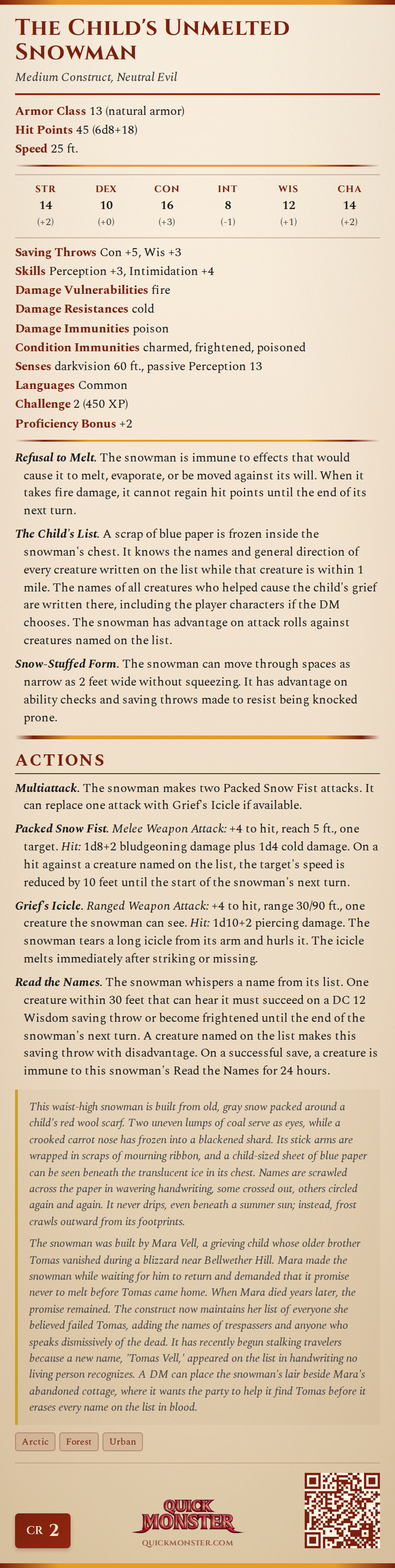 The Child's Unmelted Snowman Stat Block