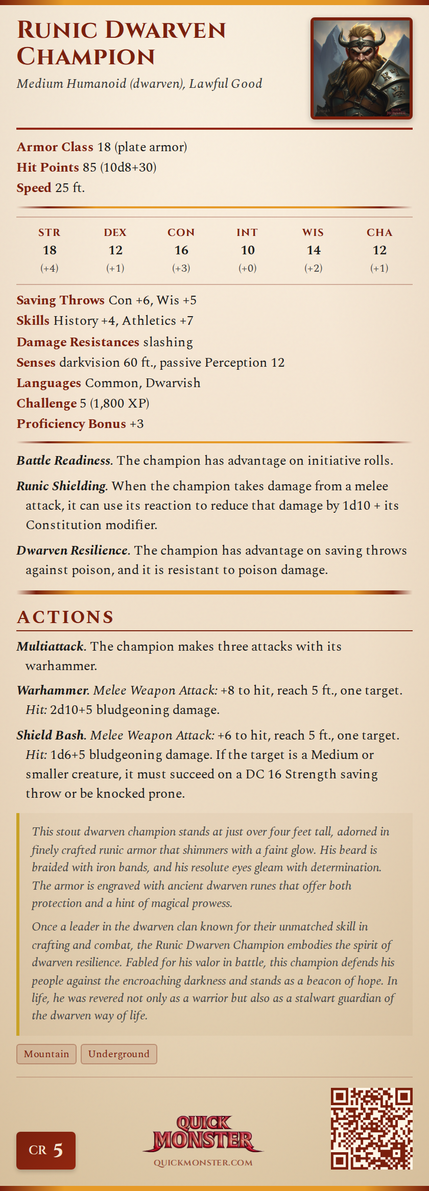 Runic Dwarven Champion Stat Block