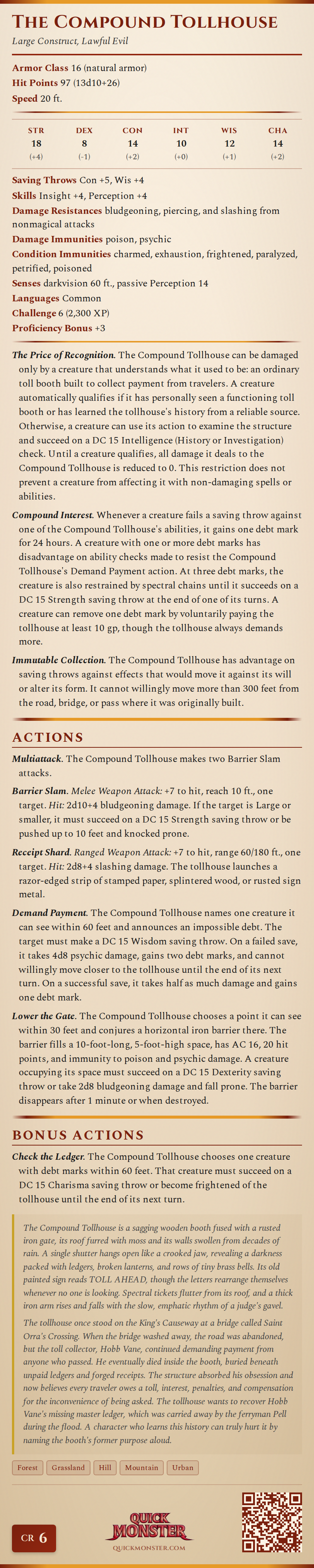 The Compound Tollhouse Stat Block