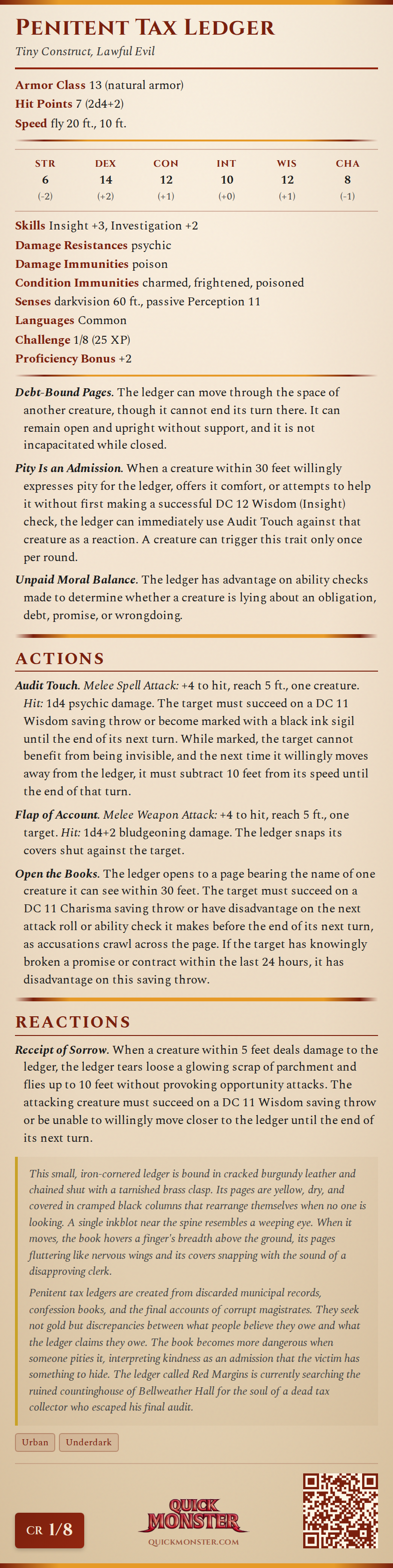 Penitent Tax Ledger Stat Block