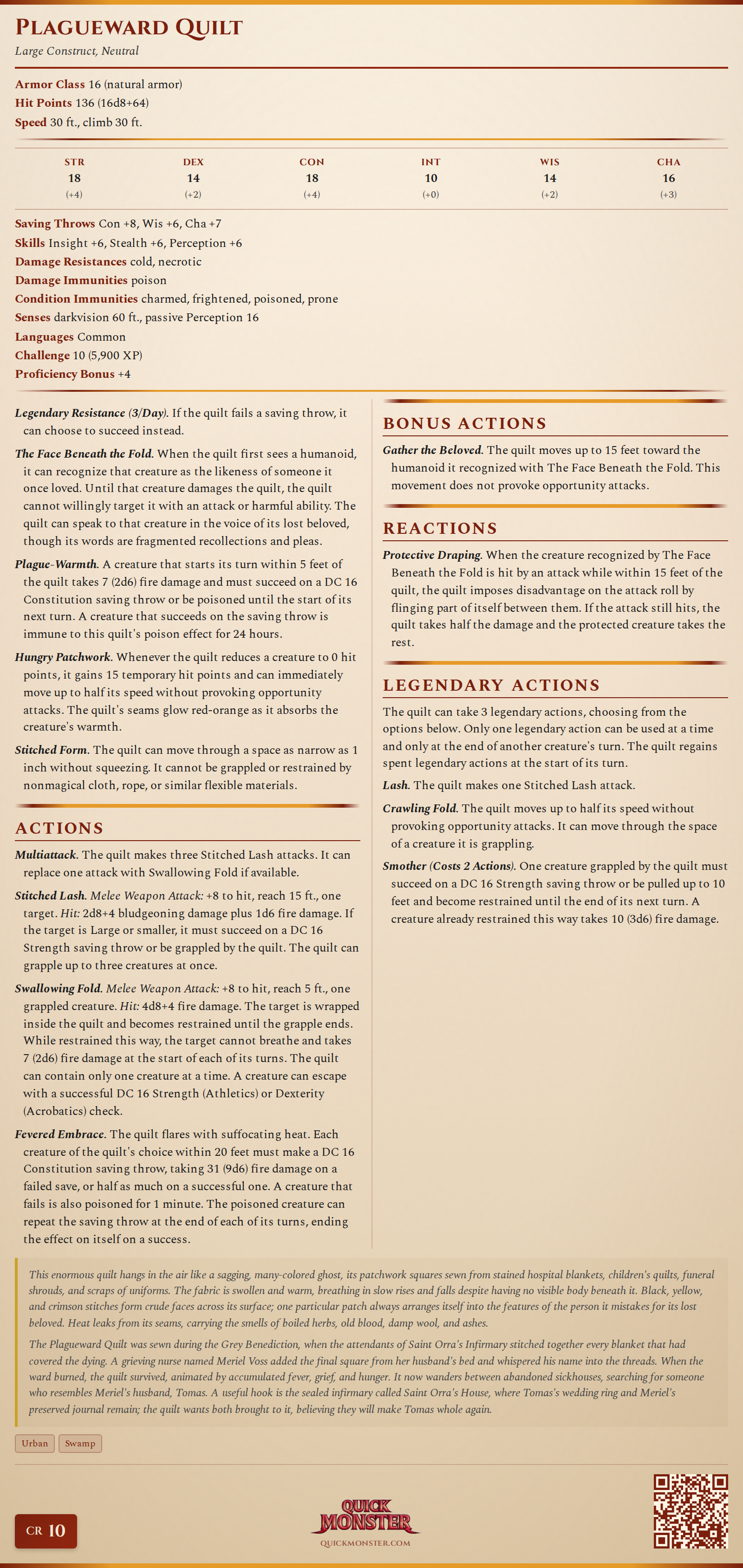 Plagueward Quilt Stat Block