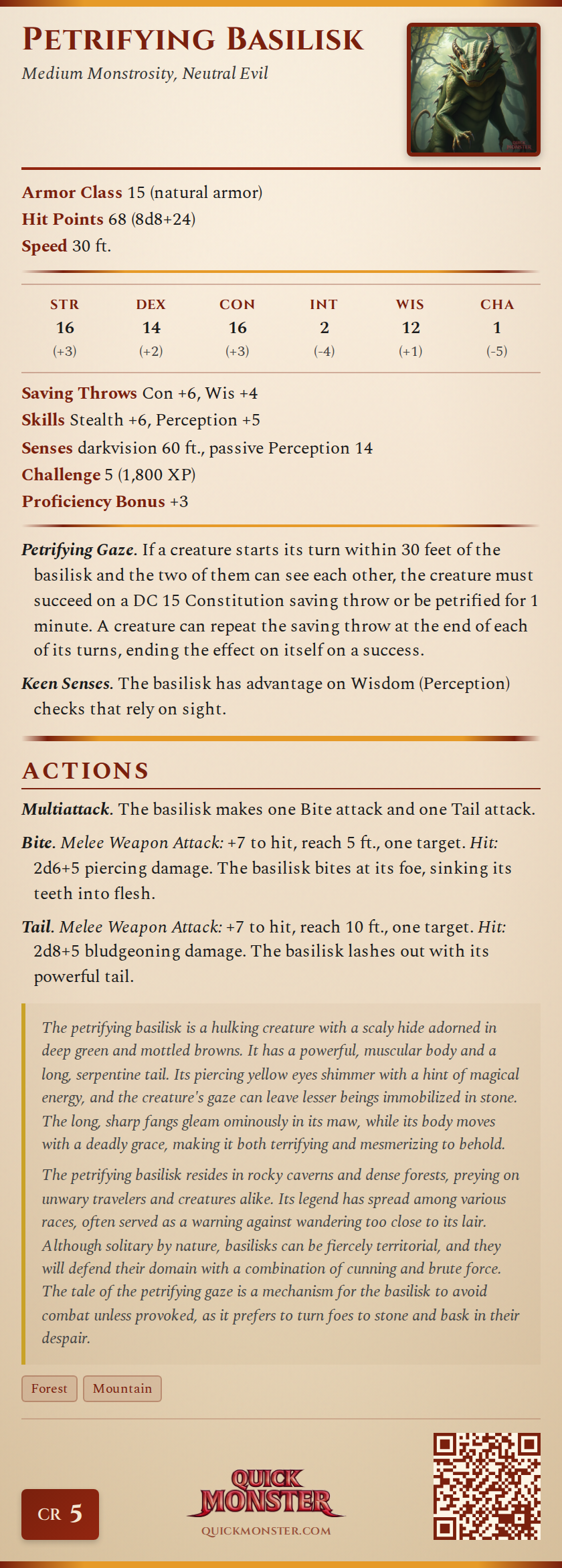 Petrifying Basilisk Stat Block