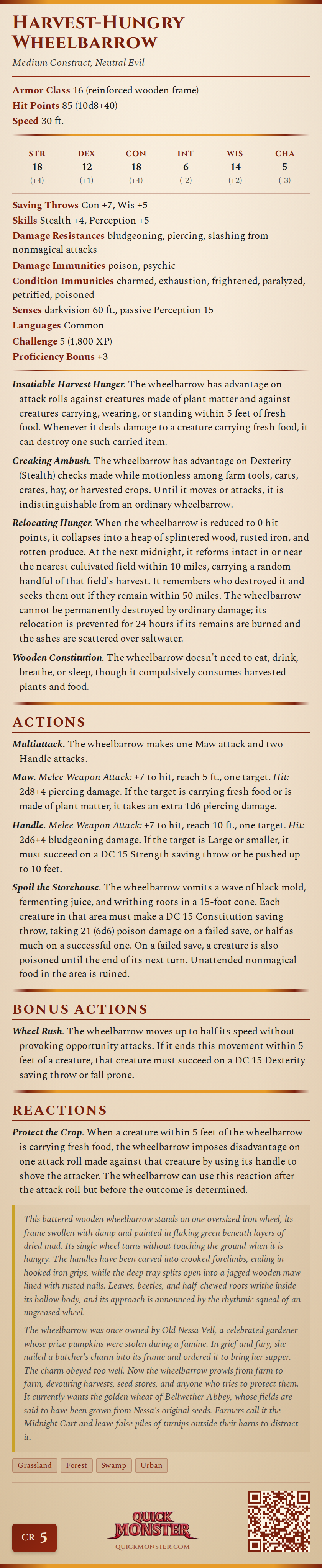 Harvest-Hungry Wheelbarrow Stat Block