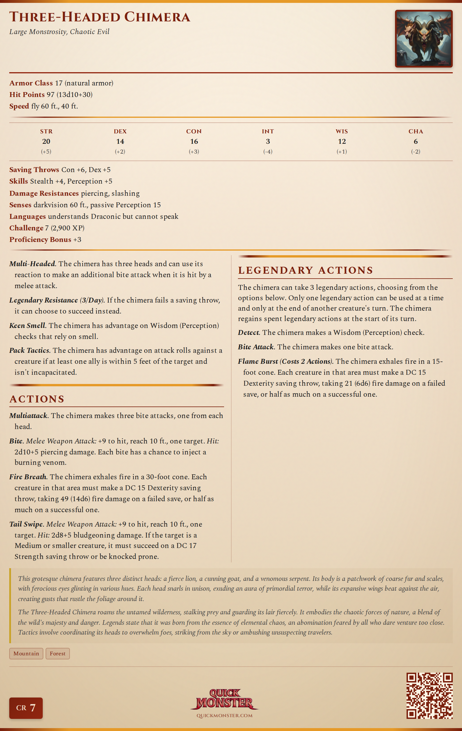 Three-Headed Chimera Stat Block