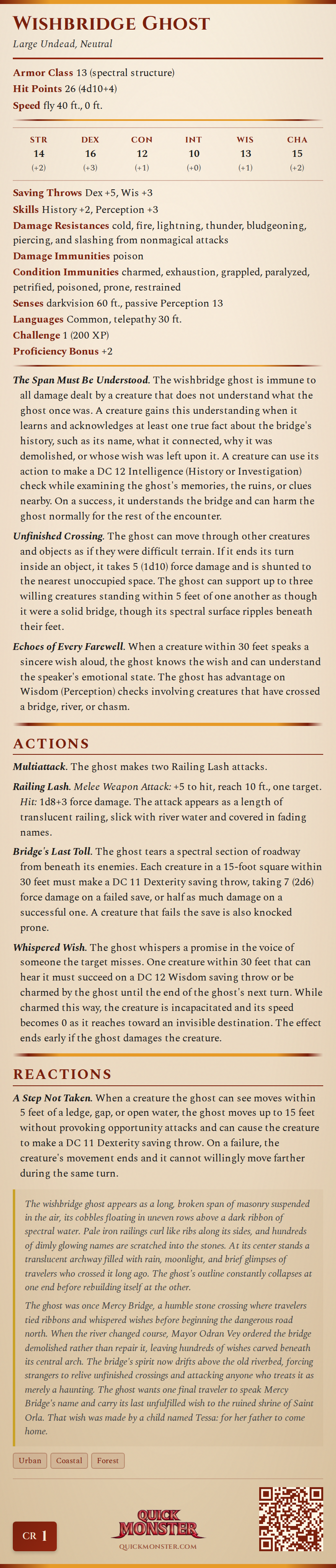 Wishbridge Ghost Stat Block