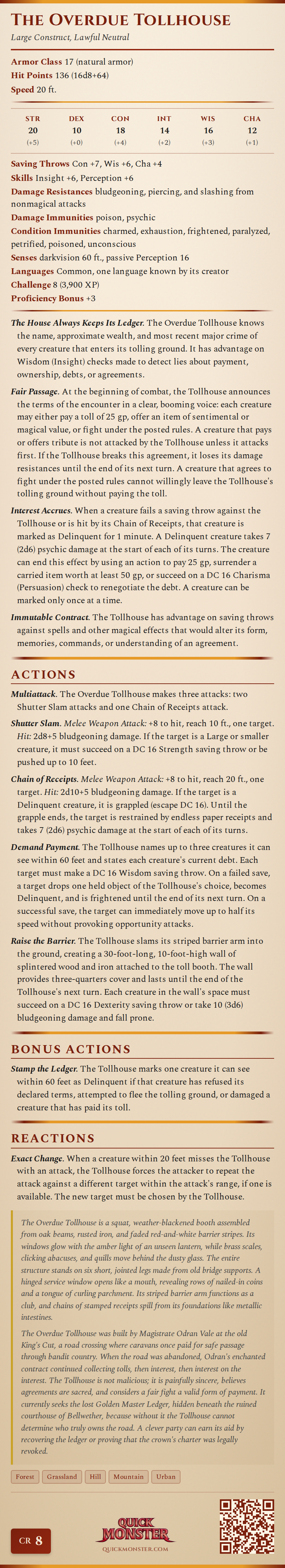 The Overdue Tollhouse Stat Block