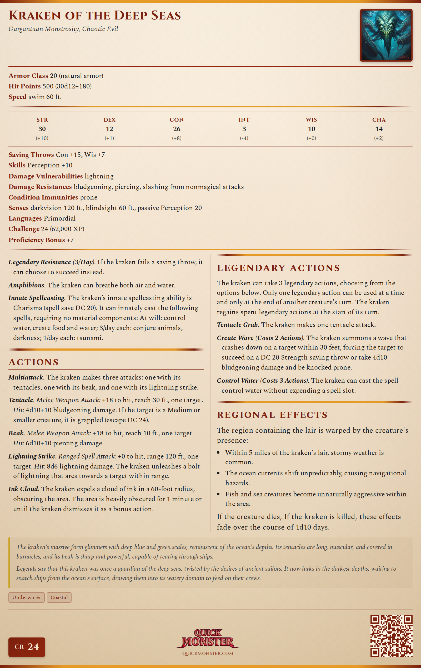 Kraken of the Deep Seas Stat Block