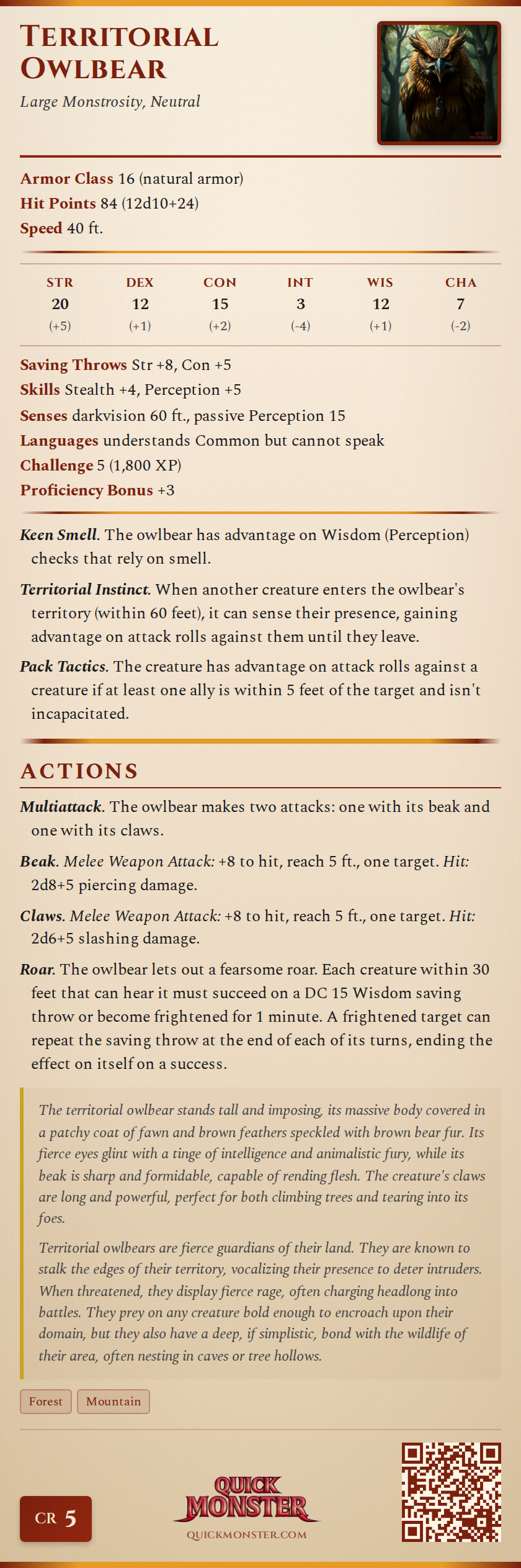 Territorial Owlbear Stat Block
