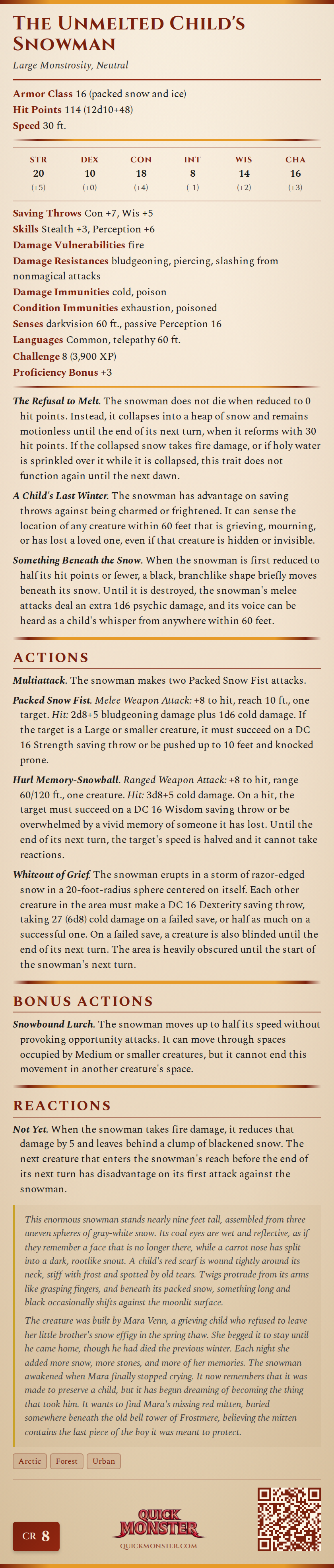 The Unmelted Child's Snowman Stat Block
