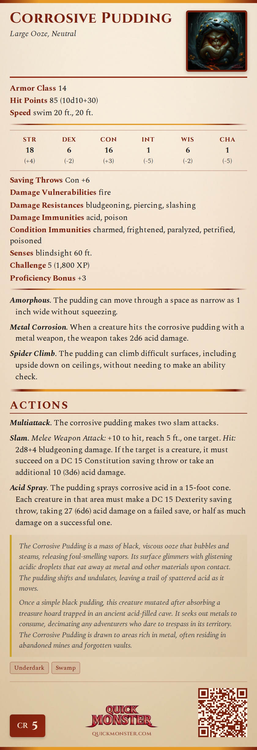 Corrosive Pudding Stat Block