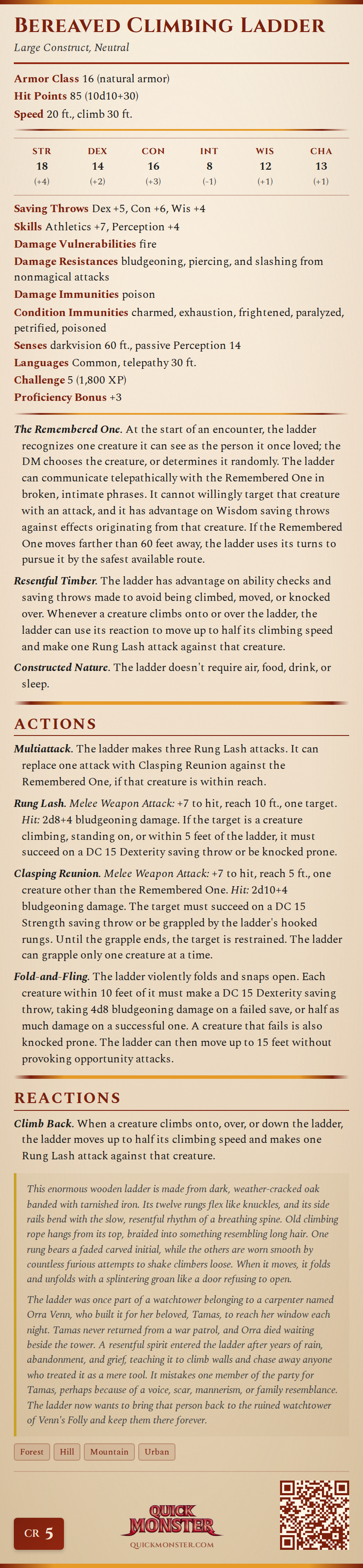 Bereaved Climbing Ladder Stat Block