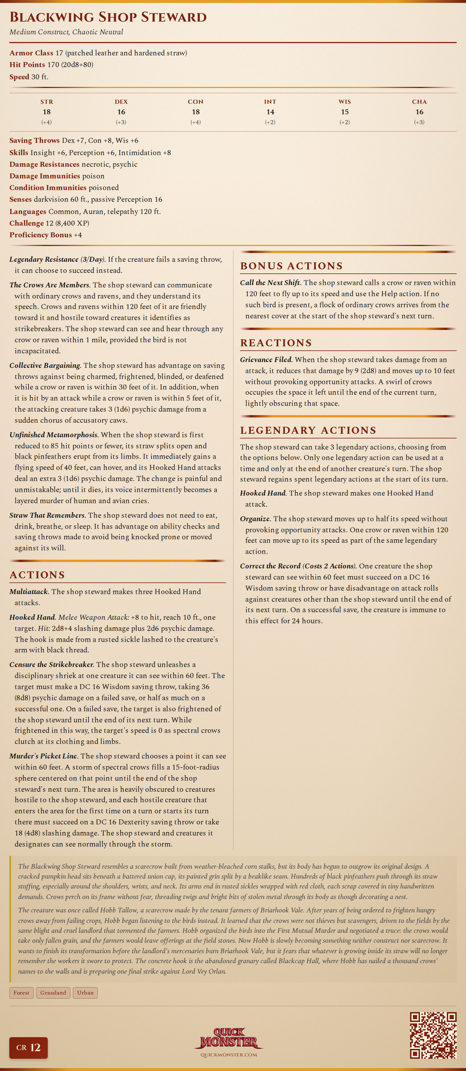 Blackwing Shop Steward Stat Block