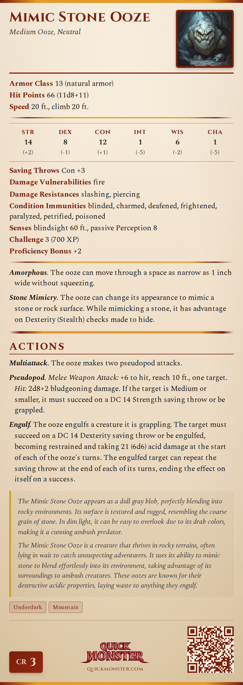 Mimic Stone Ooze Stat Block